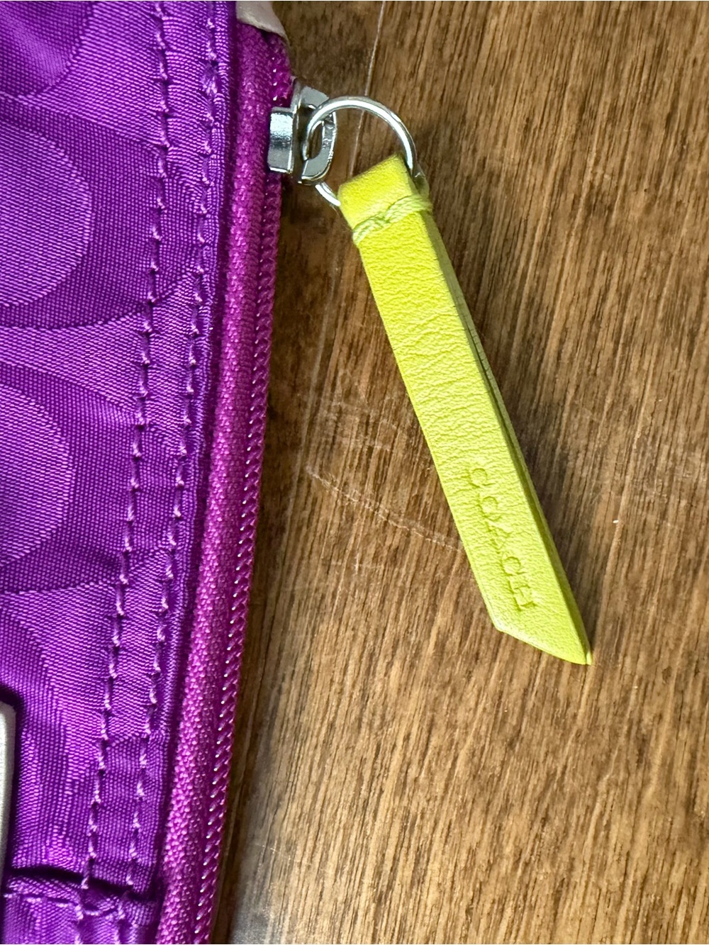Coach Two-Tone Satin Logo Cosmetic Pouch in Purple, Navy & Neon Yellow - Picture 6 of 11